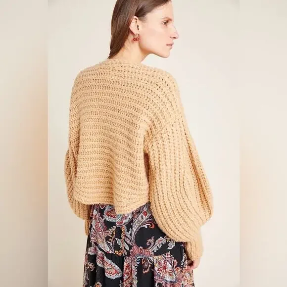 ANTHROPOLOGIE Rae Cropped Cardigan Tan Chunky Knit Sweater Oversized Size Small - Picture 5 of 11